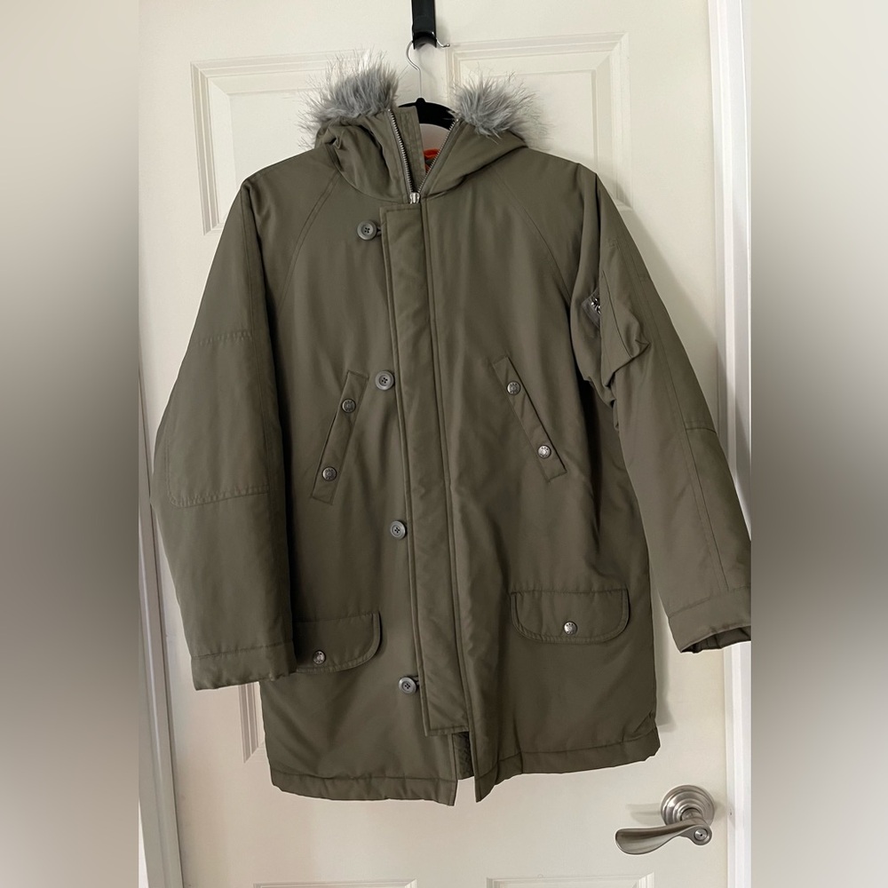 Gap Kids Heavyweight Parka Jacket Olive army green w/faux fur hood, pockets 12